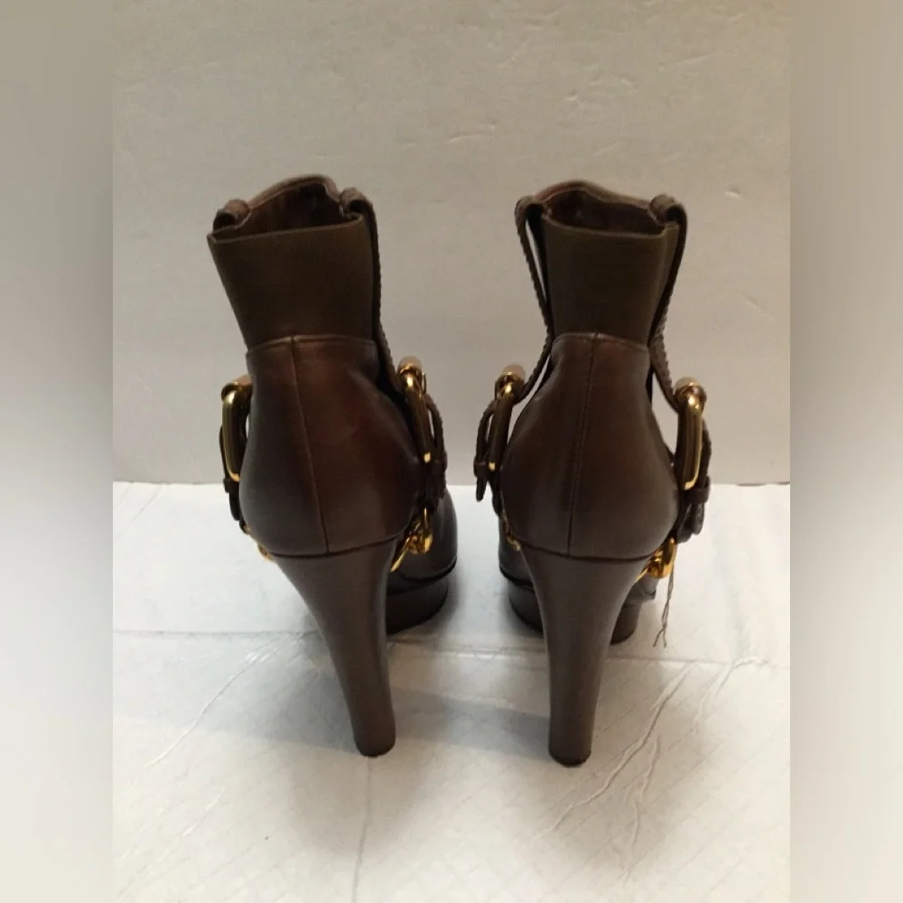Donald J. Pliner Brown Leather Ankle Booties with Gold Buckle